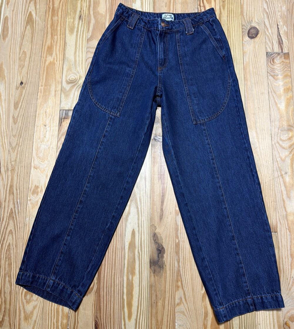 Future Collective High Rise Dark Wash Barrel Leg Flap Pocket Jeans Size 6